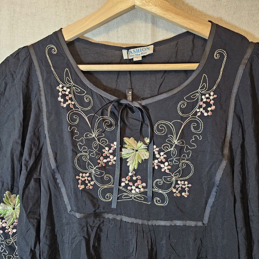 Heavily Embroidered Black Mini Dress Tunic Mexican Beach Travel NWT Size Large - Picture 2 of 9
